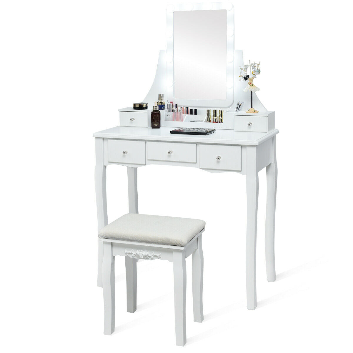 10 Dimmable Light Bulbs Vanity Dressing Table with 2 Dividers and Cushioned Stool-White by DirectDeals