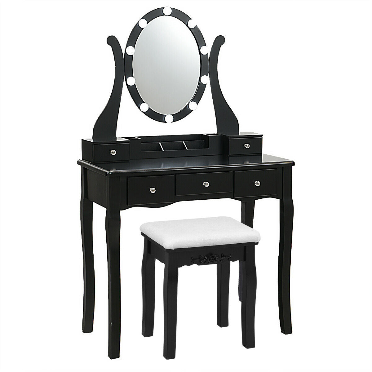 10 Dimmable Lights Vanity Table Set with Lighted Mirror and Cushioned Stool-Black by DirectDeals