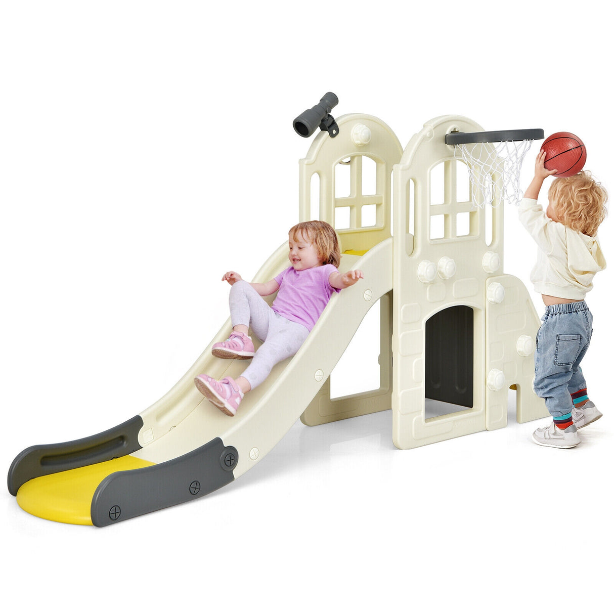 6-In-1 Large Slide for Kids Toddler Climber Slide Playset with Basketball Hoop-Blue