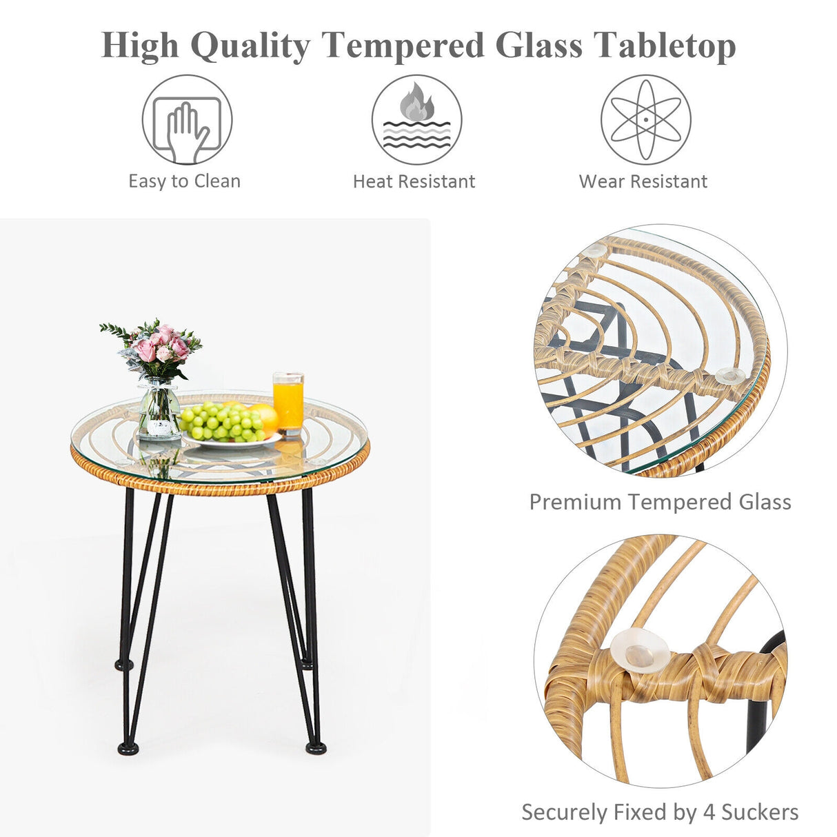 3 Pieces Rattan Furniture Set with Cushioned Chair Table-White