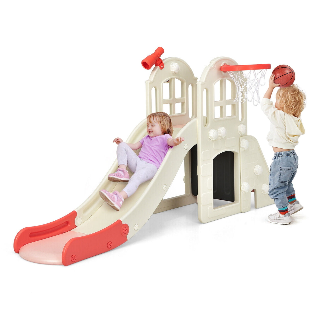 6-In-1 Large Slide for Kids Toddler Climber Slide Playset with Basketball Hoop-Blue