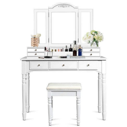 Makeup Dressing Table with Tri-Folding Mirror and Cushioned Stool for Women-White