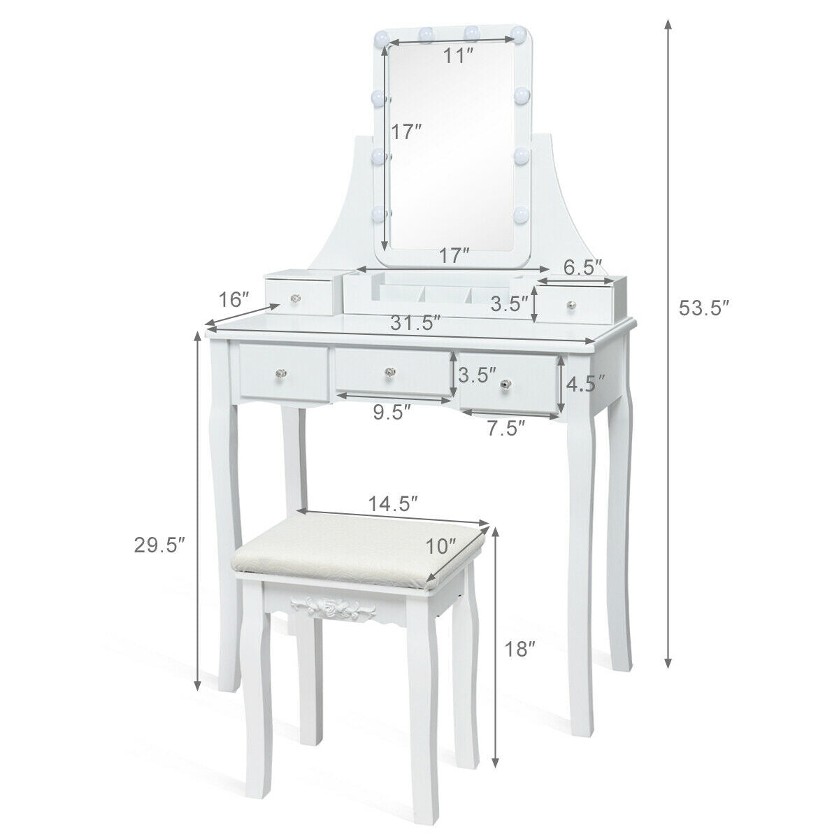 10 Dimmable Light Bulbs Vanity Dressing Table with 2 Dividers and Cushioned Stool-Black