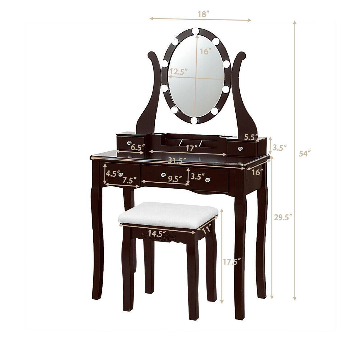 10 Dimmable Lights Vanity Table Set with Lighted Mirror and Cushioned Stool-Black