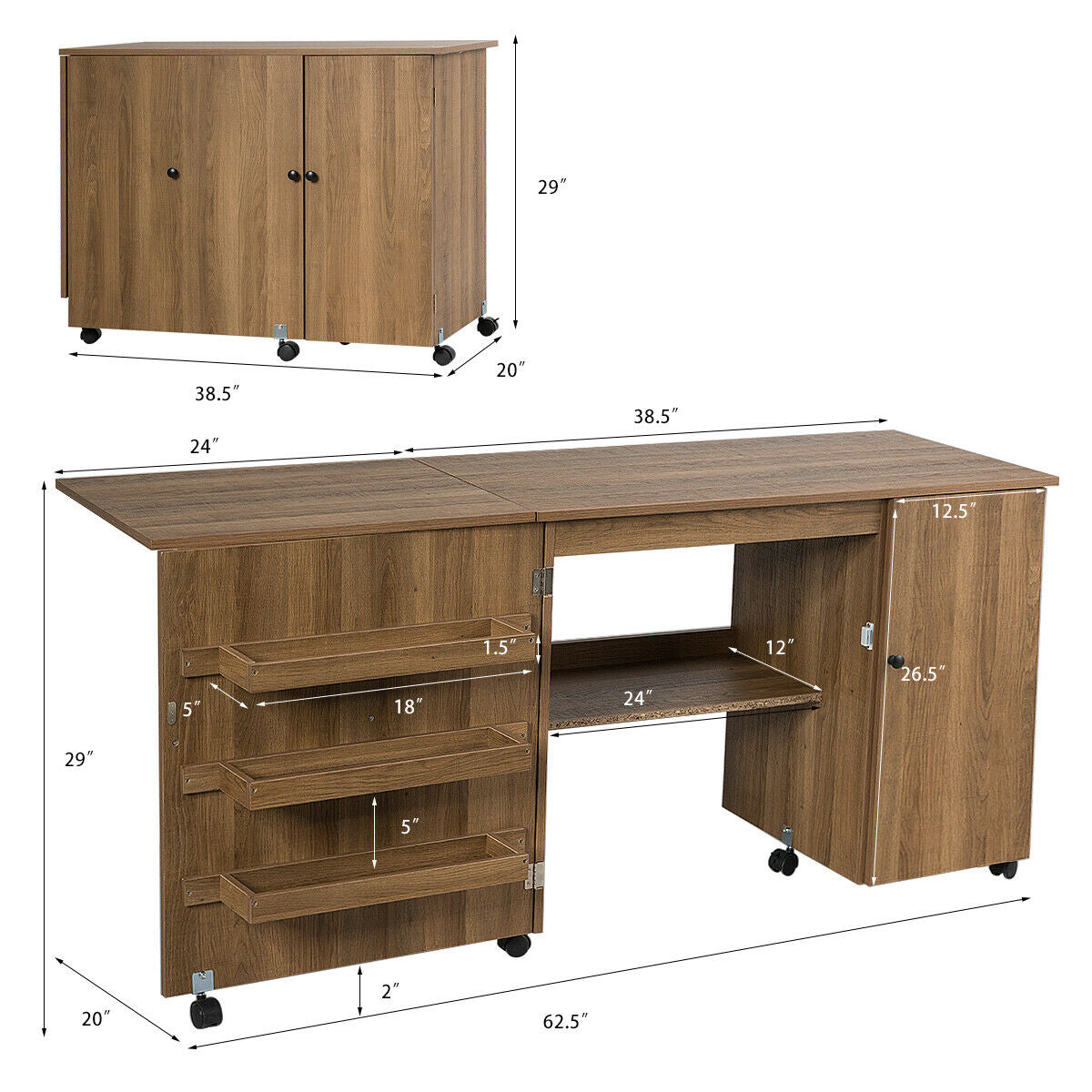 Folding Sewing Table Shelves Storage Cabinet Craft Cart with Wheels-White