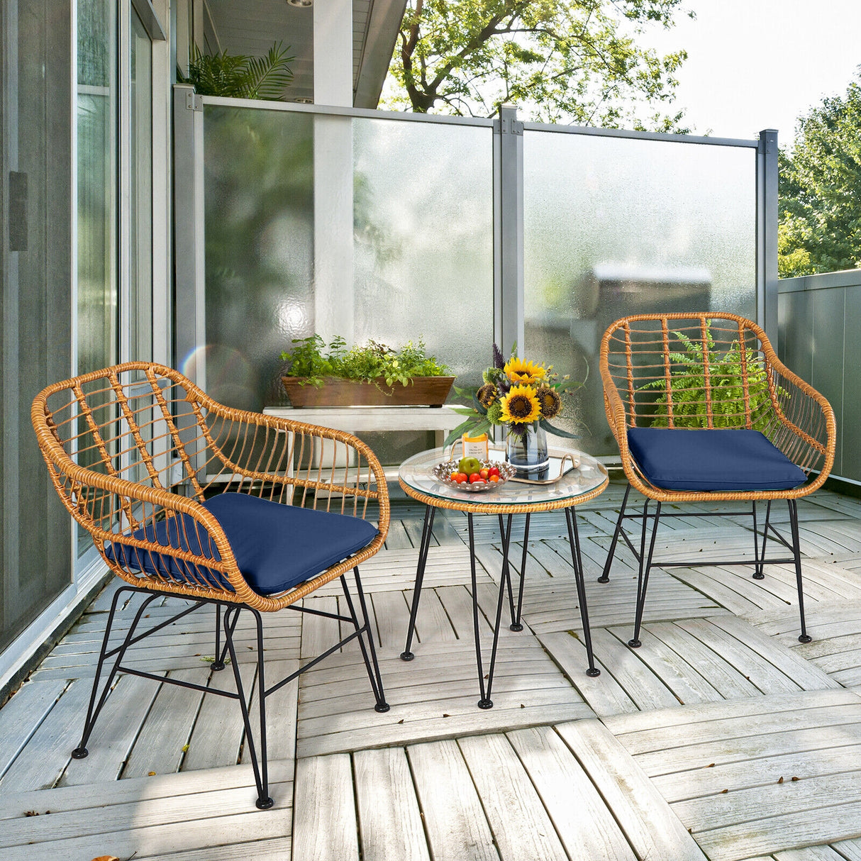 3 Pieces Rattan Furniture Set with Cushioned Chair Table-White