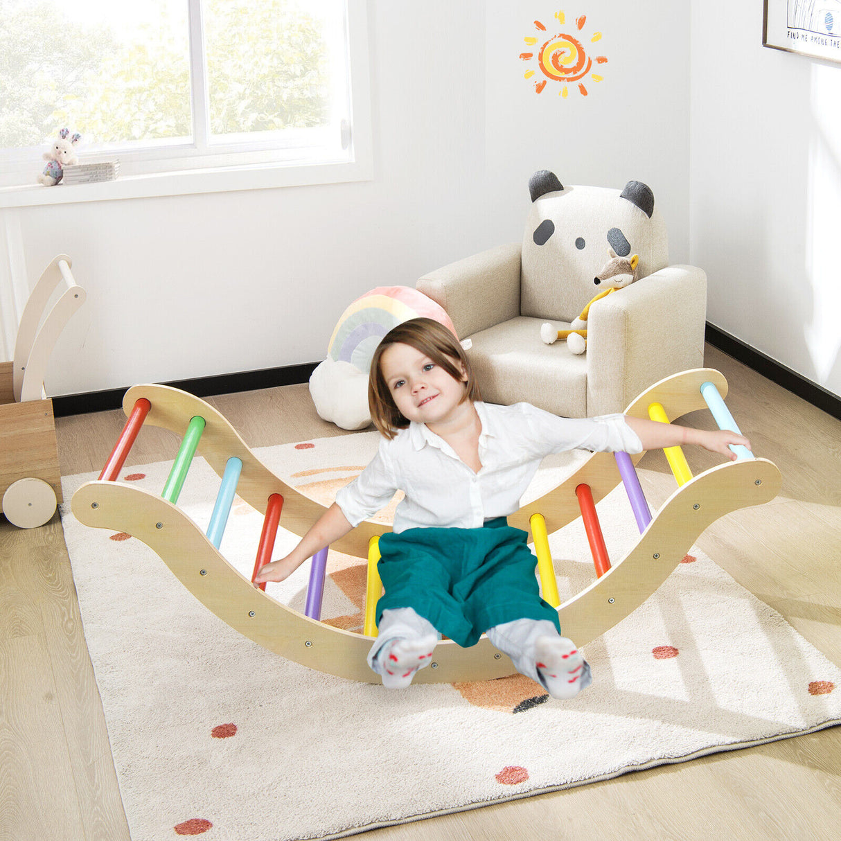 3-in-1 Kids Wooden Arch Triangle Rocker Climber Set with Ramp and Mat