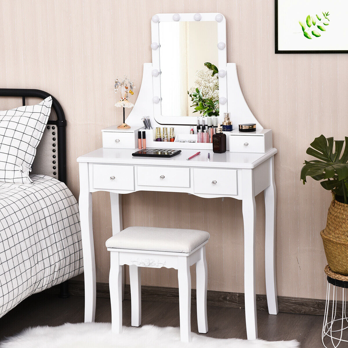 10 Dimmable Light Bulbs Vanity Dressing Table with 2 Dividers and Cushioned Stool-Black