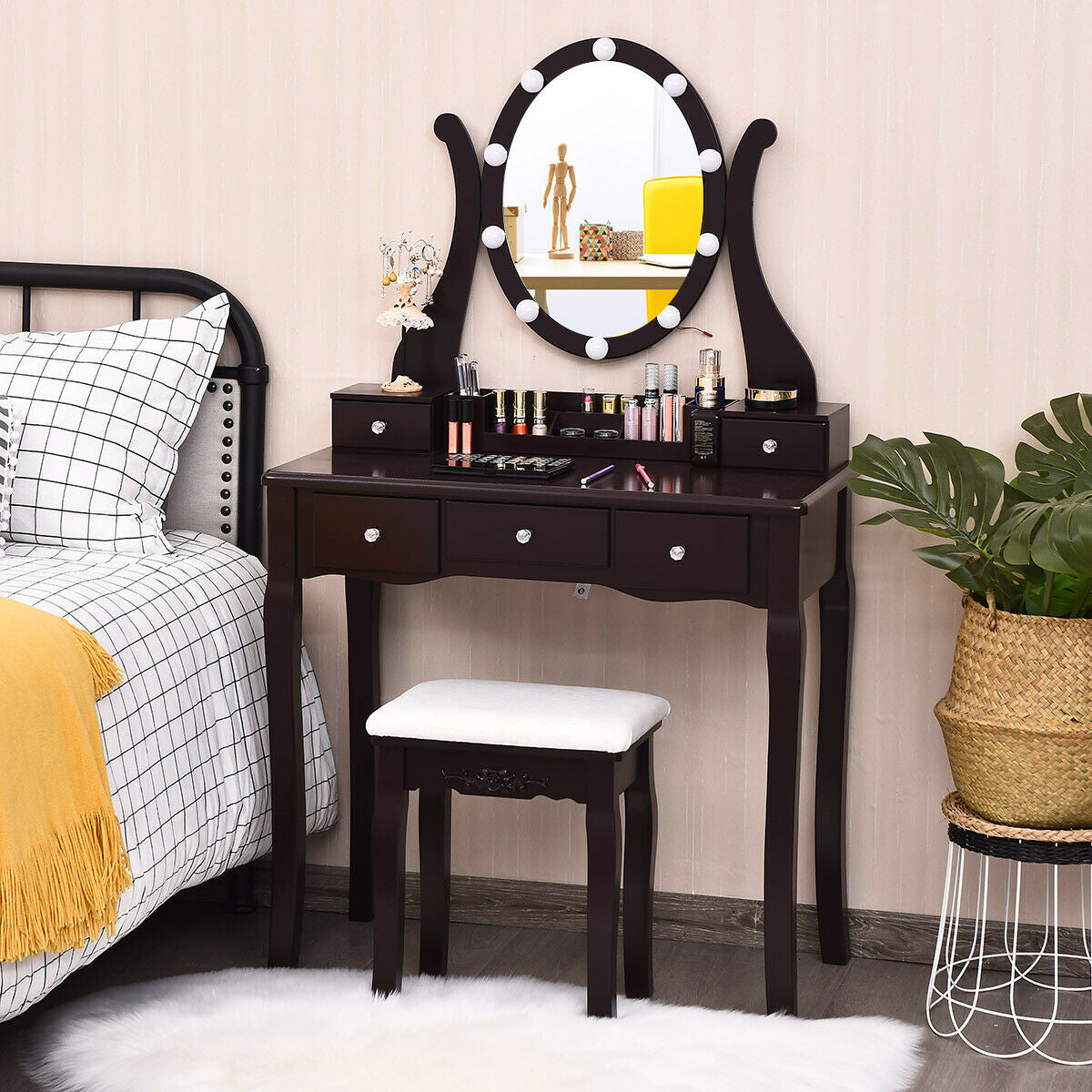 10 Dimmable Lights Vanity Table Set with Lighted Mirror and Cushioned Stool-Black