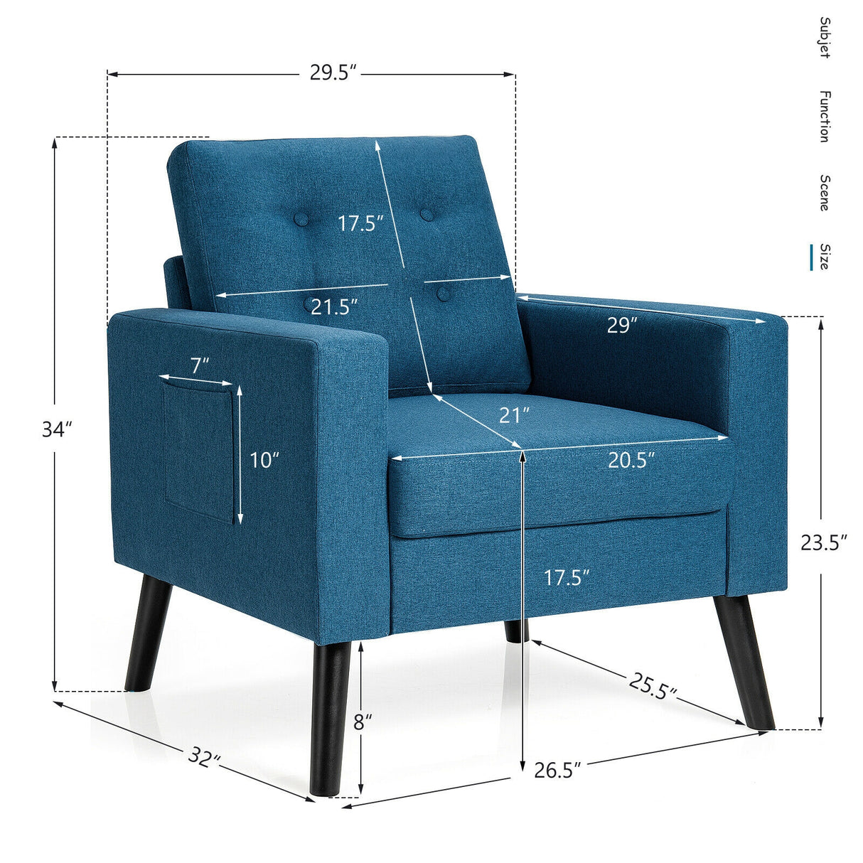 Mid-Century Upholstered Armchair Club Chair with Rubber Wood Legs-Gray