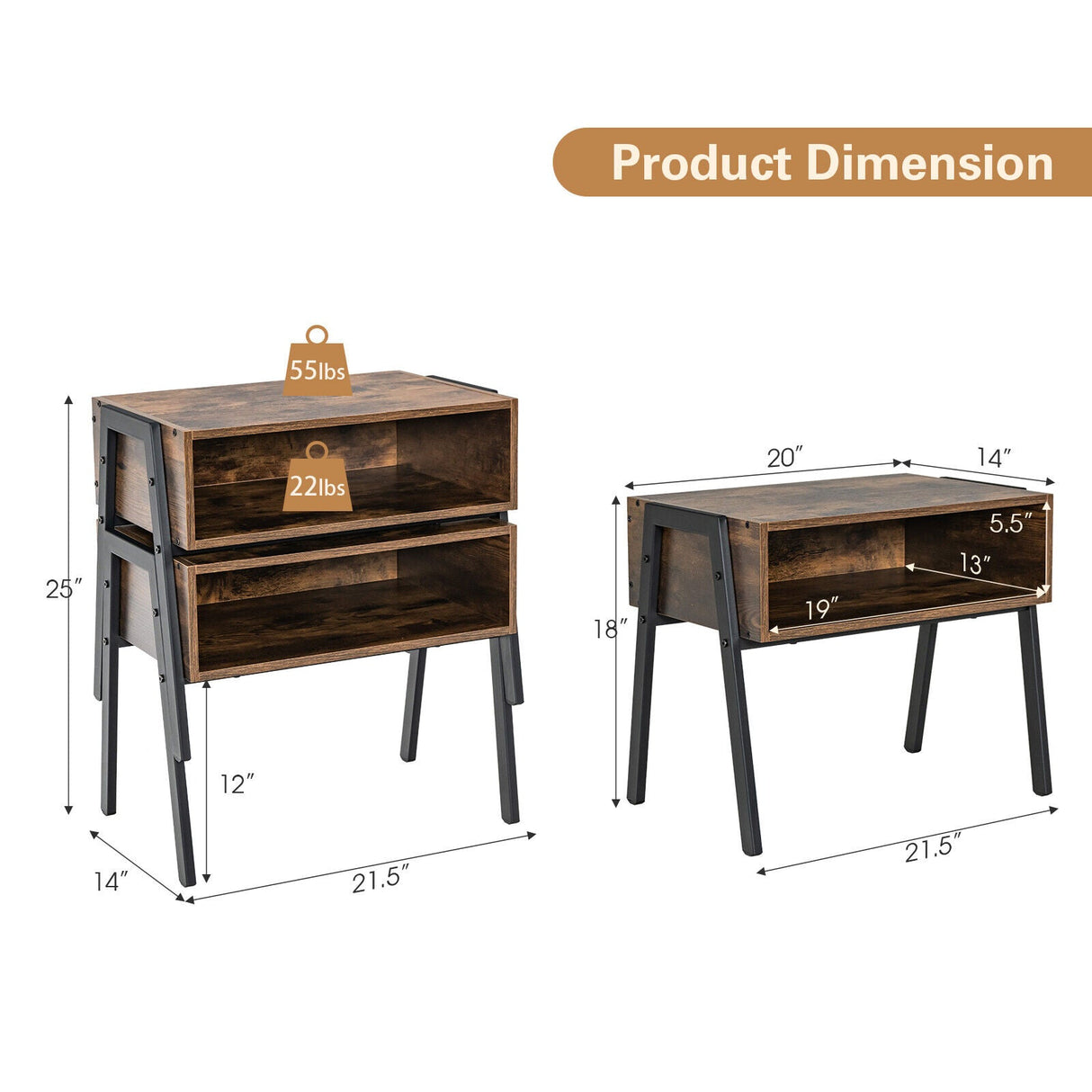 1 Piece Stackable Night Stand Shelf Accent Table with Metal Frame by DirectDeals