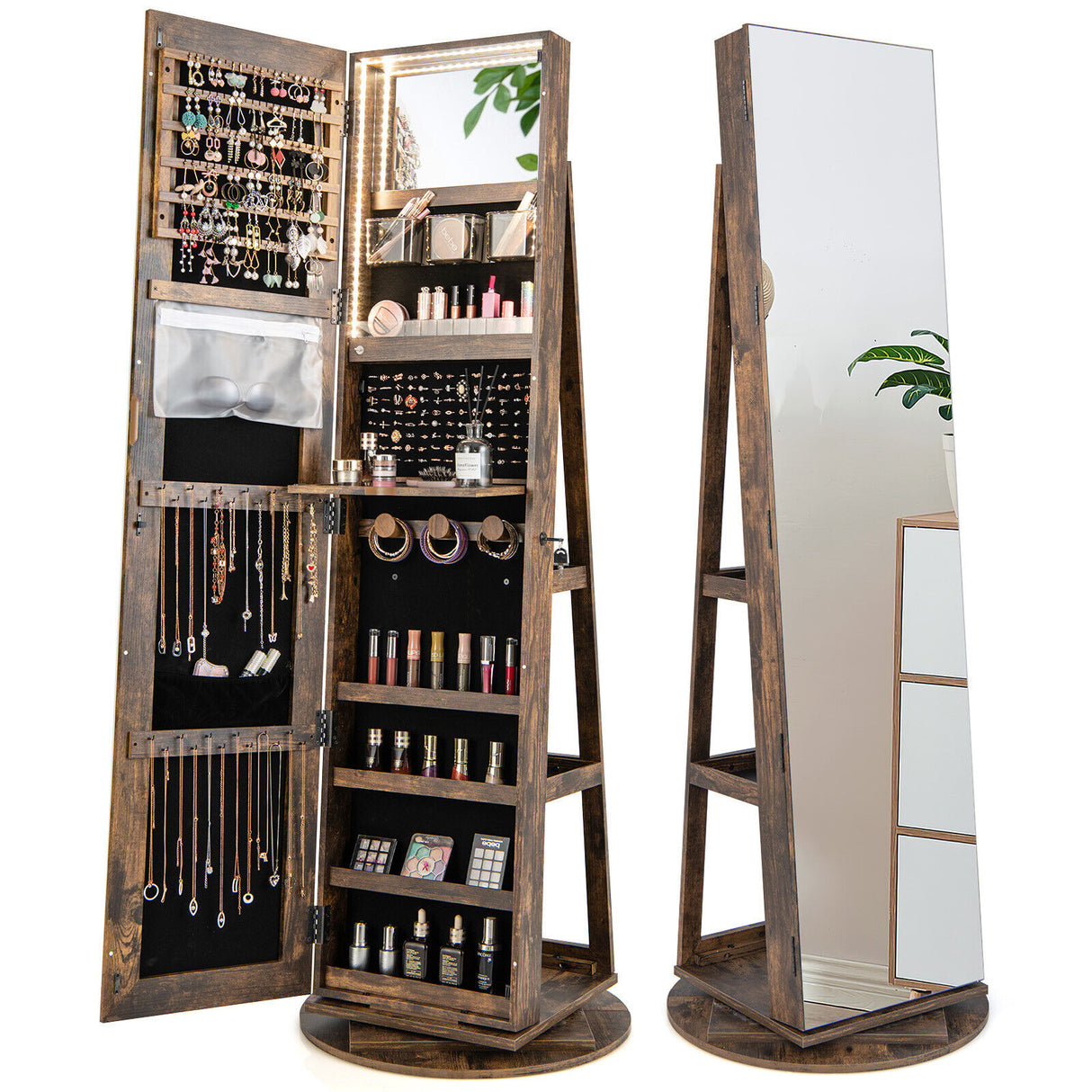 360 ° Rotating Mirrored Jewelry Cabinet Armoire 3 Color LED Modes Lockable-Brown