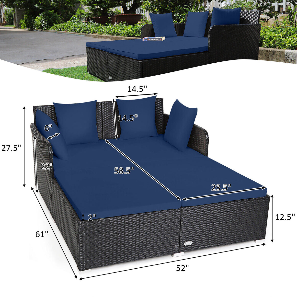 Spacious Outdoor Rattan Daybed with Upholstered Cushions and Pillows-Red