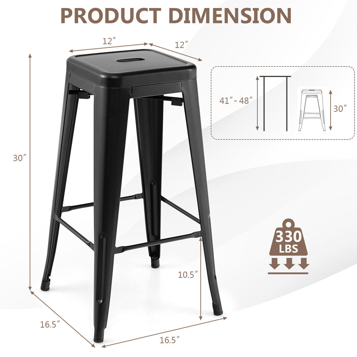 30 Inch Bar Stools Set of 4 with Square Seat and Handling Hole-Black
