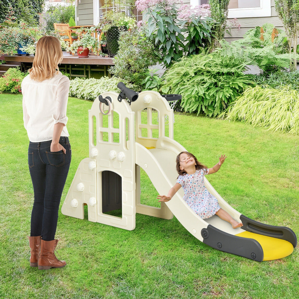 6-In-1 Large Slide for Kids Toddler Climber Slide Playset with Basketball Hoop-Blue