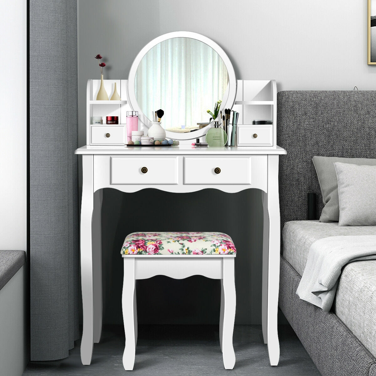 Makeup Vanity Table Set Girls Dressing Table with Drawers Oval Mirror-Black