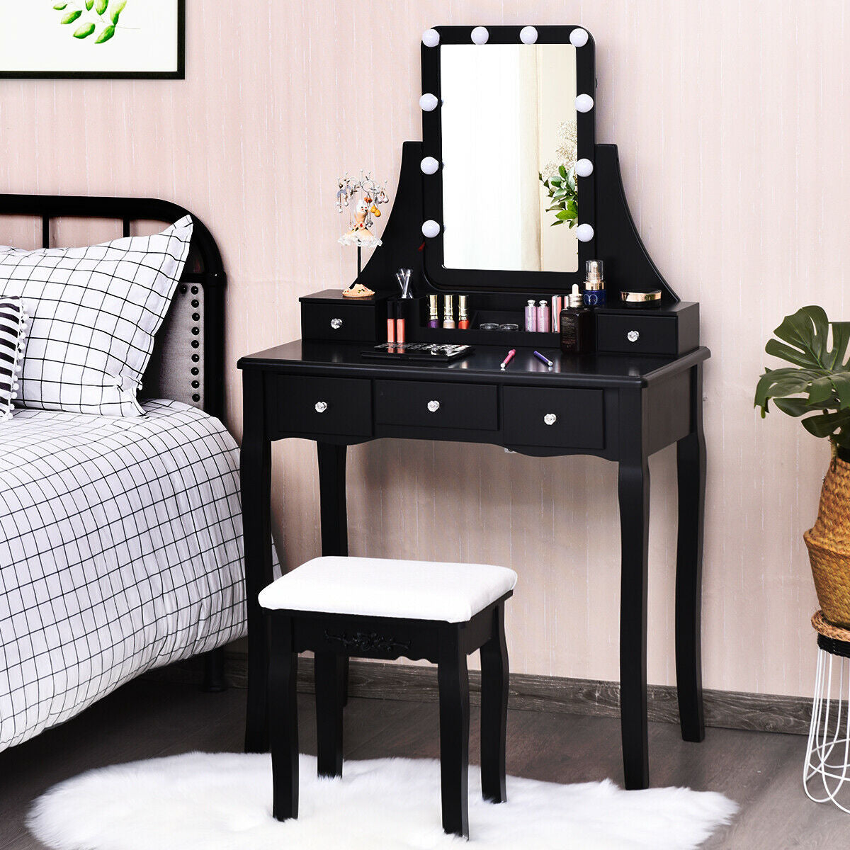 10 Dimmable Light Bulbs Vanity Dressing Table with 2 Dividers and Cushioned Stool-Black by DirectDeals