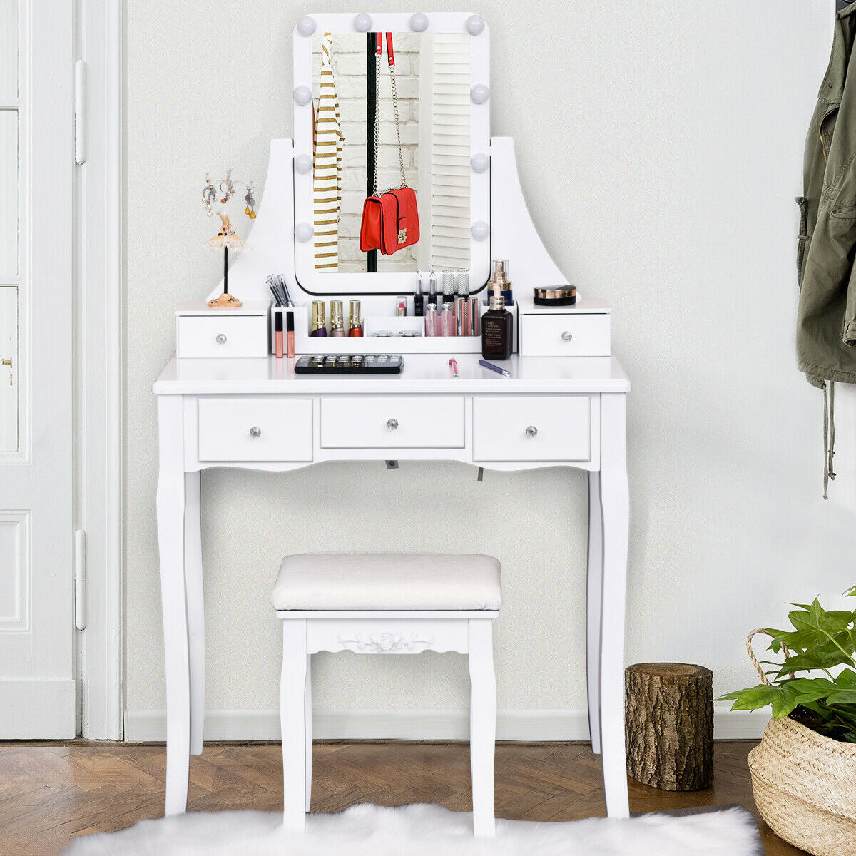 10 Dimmable Light Bulbs Vanity Dressing Table with 2 Dividers and Cushioned Stool-Black