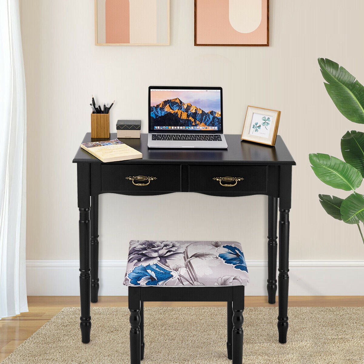 Simple Vanity Set with Tri-Folding Mirror Drawers and Storage Shelf-White