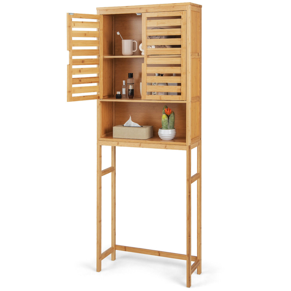 Bamboo Over The Toilet Storage Cabinet Bathroom with Adjustable Shelf-Natural