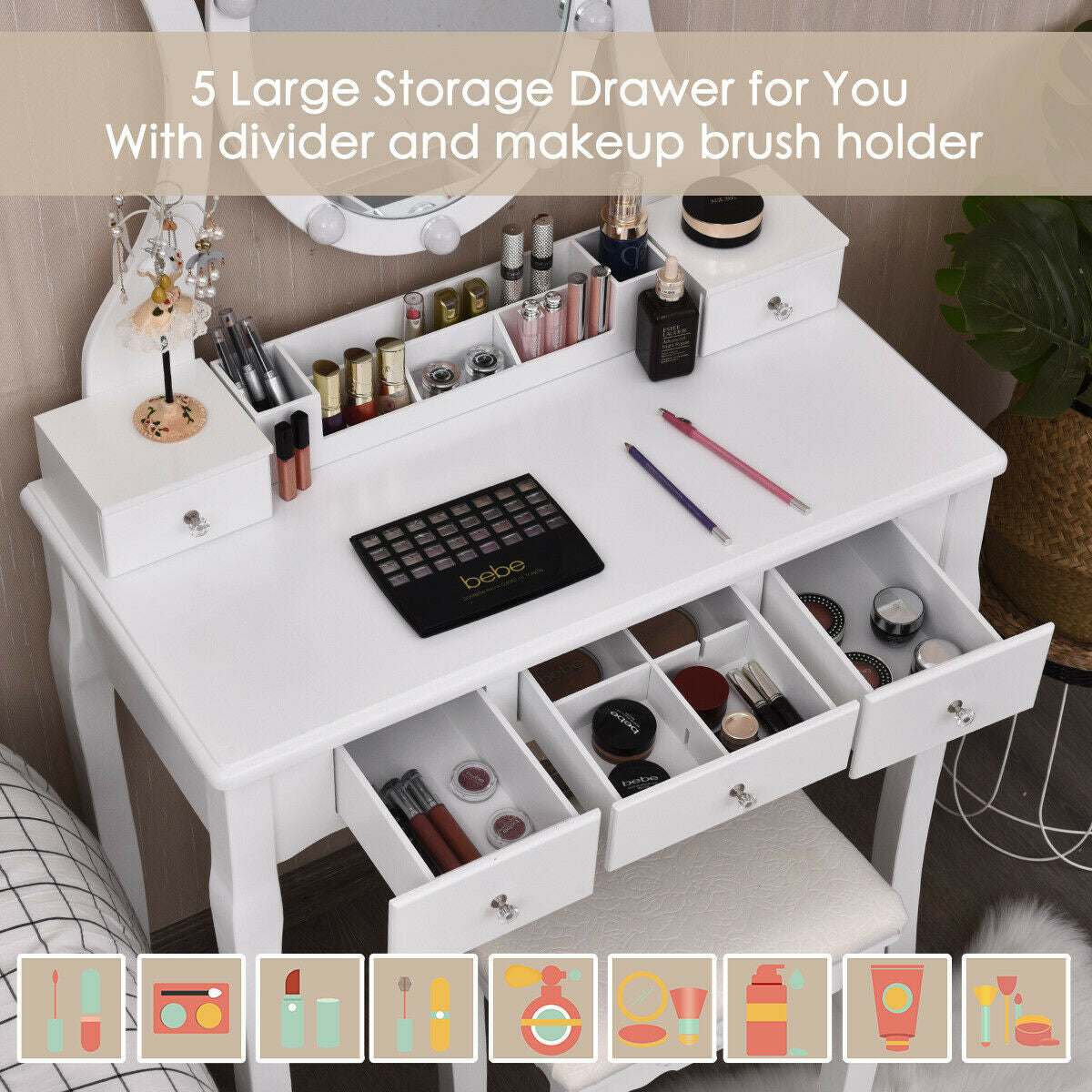 10 Dimmable Lights Vanity Table Set with Lighted Mirror and Cushioned Stool-Black