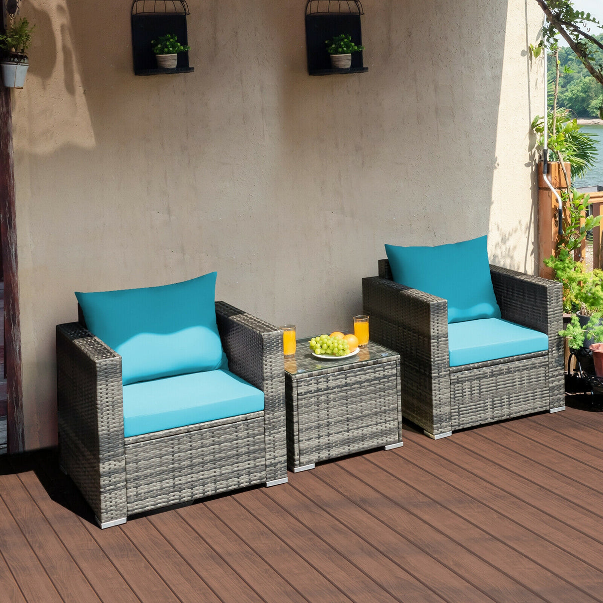 3 Pcs Patio Rattan Furniture Bistro Sofa Set with Cushioned-Gray