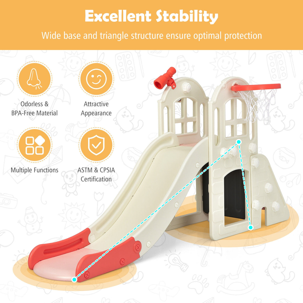 6-In-1 Large Slide for Kids Toddler Climber Slide Playset with Basketball Hoop-Blue