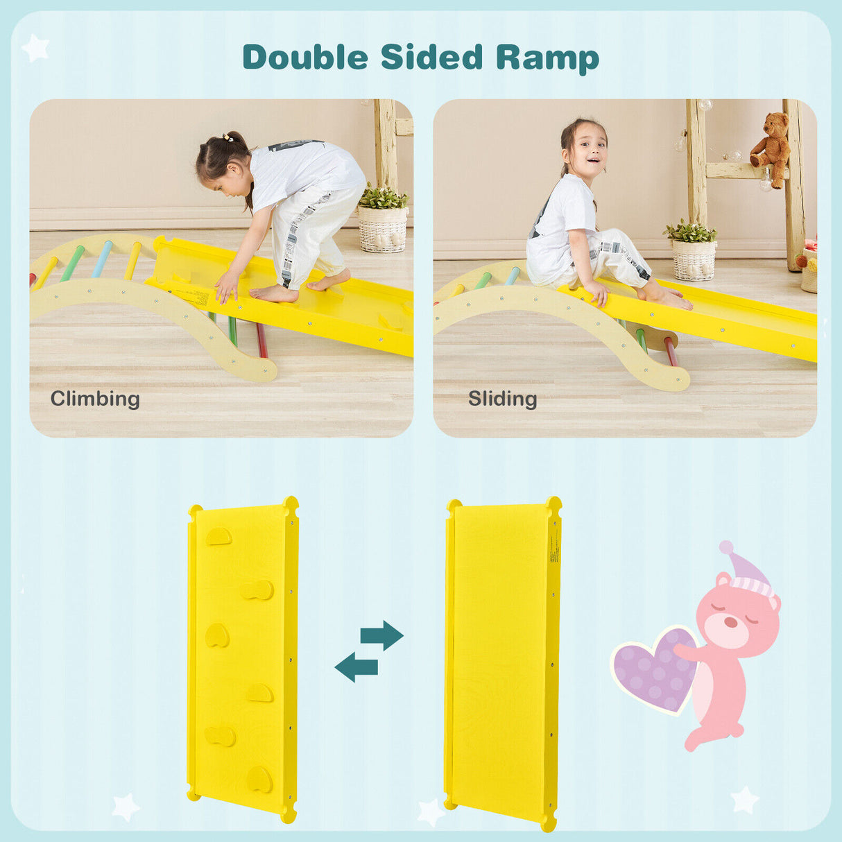 3-in-1 Kids Wooden Arch Triangle Rocker Climber Set with Ramp and Mat