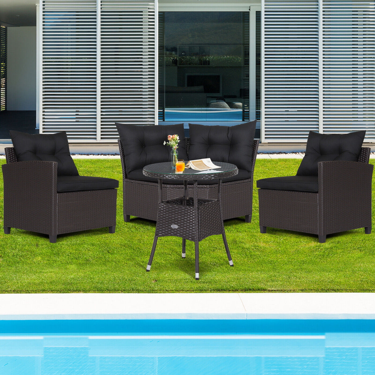 4 Pieces Patio Rattan Furniture Set Cushioned Sofa Glass Table-Navy