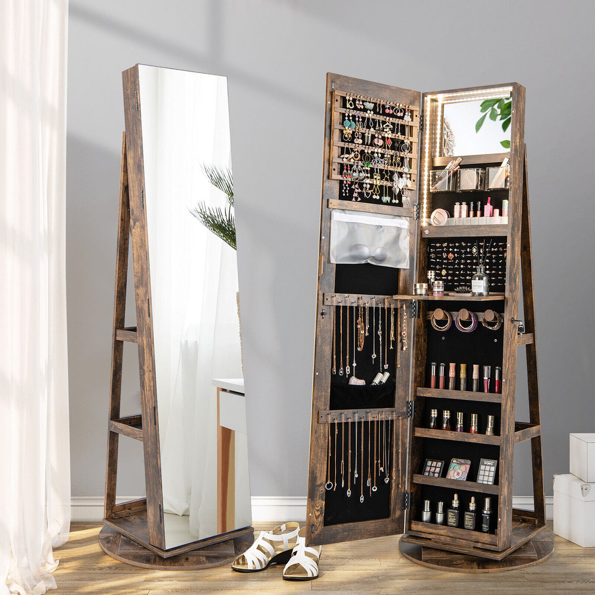 360 ° Rotating Mirrored Jewelry Cabinet Armoire 3 Color LED Modes Lockable-White