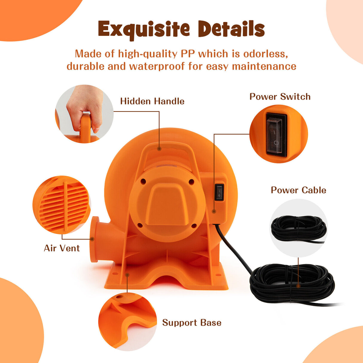 550W Air Blower (0.7HP) for Inflatables with 25 feet Wire and GFCI Plug