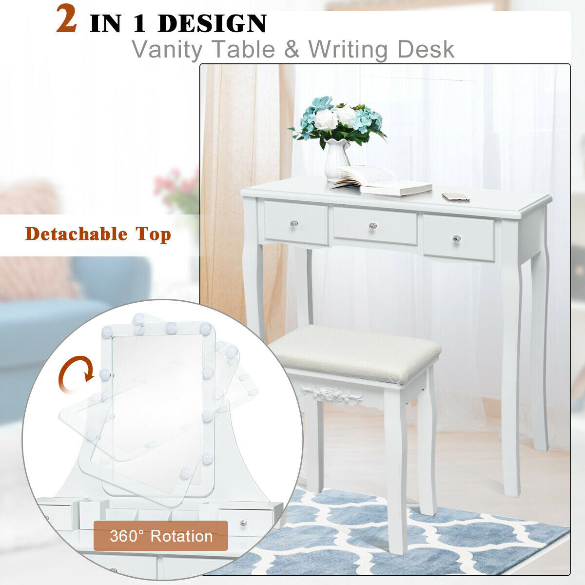 10 Dimmable Light Bulbs Vanity Dressing Table with 2 Dividers and Cushioned Stool-Black