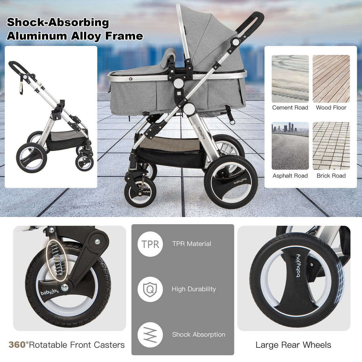 Folding Aluminum Baby Stroller Baby Jogger with Diaper Bag-Blue