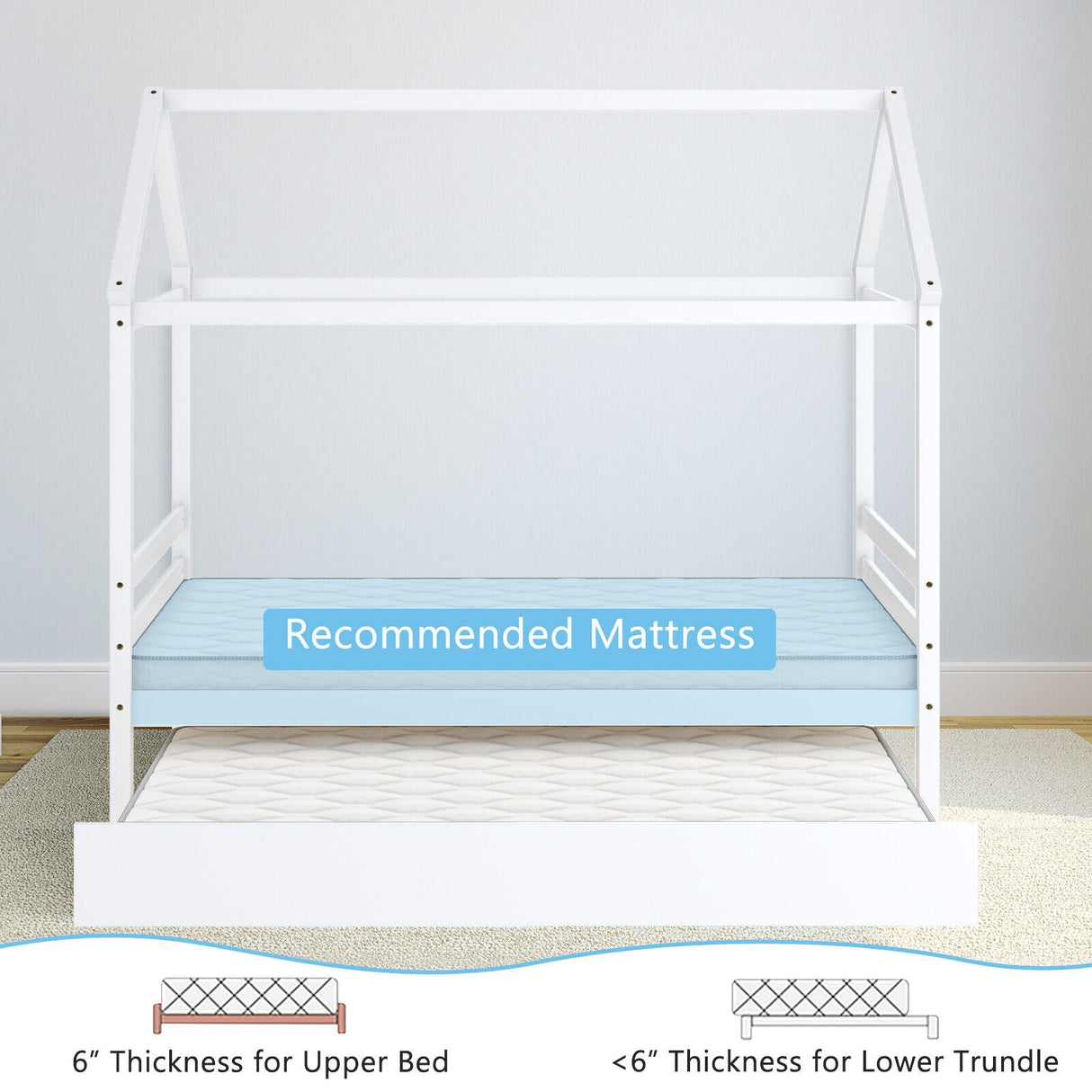 Kids Platform Bed Frame with Roof for Bedroom-Gray
