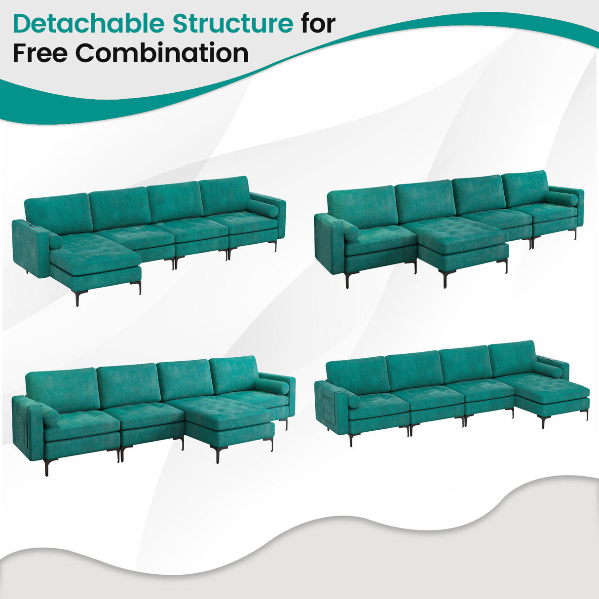 Modular L-shaped 4-Seat Sectional Sofa with Reversible Chaise and 2 USB Socket-Teal