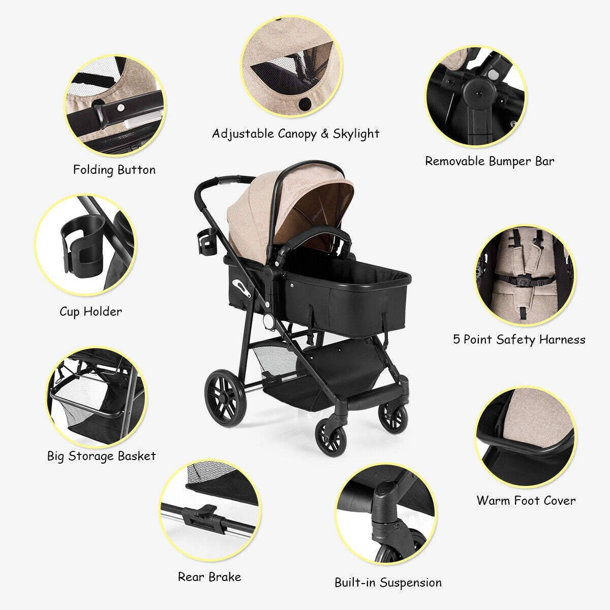 2-in-1 Foldable Pushchair Newborn Infant Baby Stroller-Black