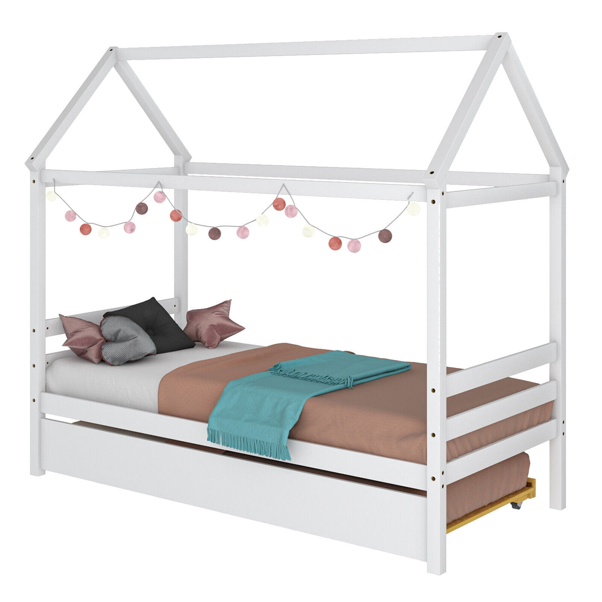 Kids Platform Bed Frame with Roof for Bedroom-Gray