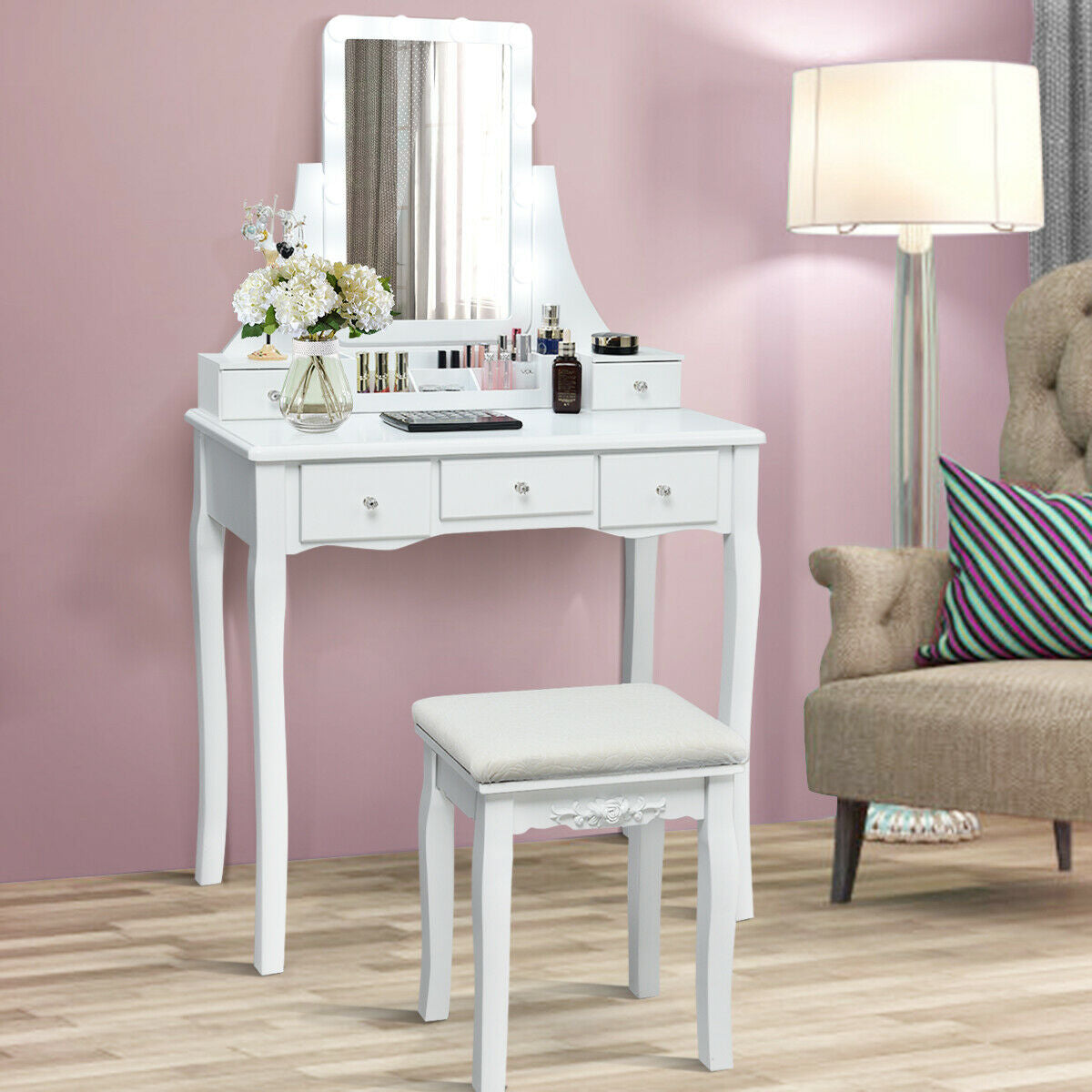 10 Dimmable Light Bulbs Vanity Dressing Table with 2 Dividers and Cushioned Stool-Black
