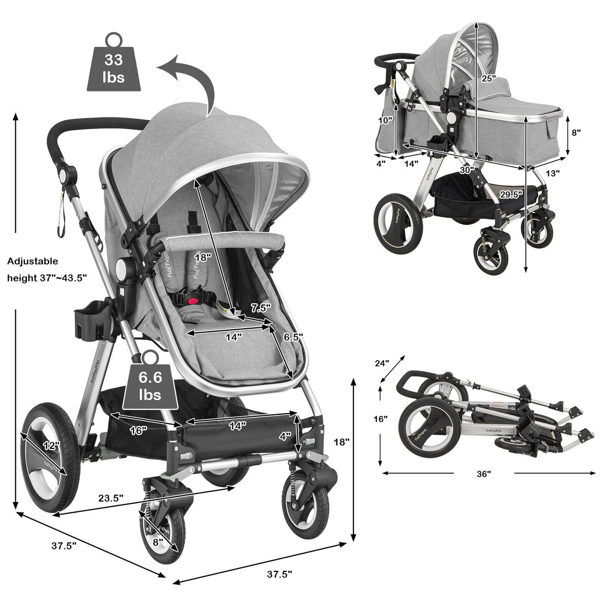Folding Aluminum Baby Stroller Baby Jogger with Diaper Bag-Blue