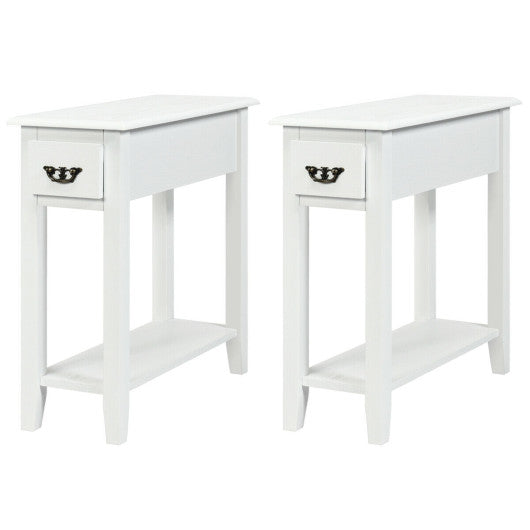 2 Pieces 2 Tier Sofa Side End Table with Drawer and Open Shelf-White