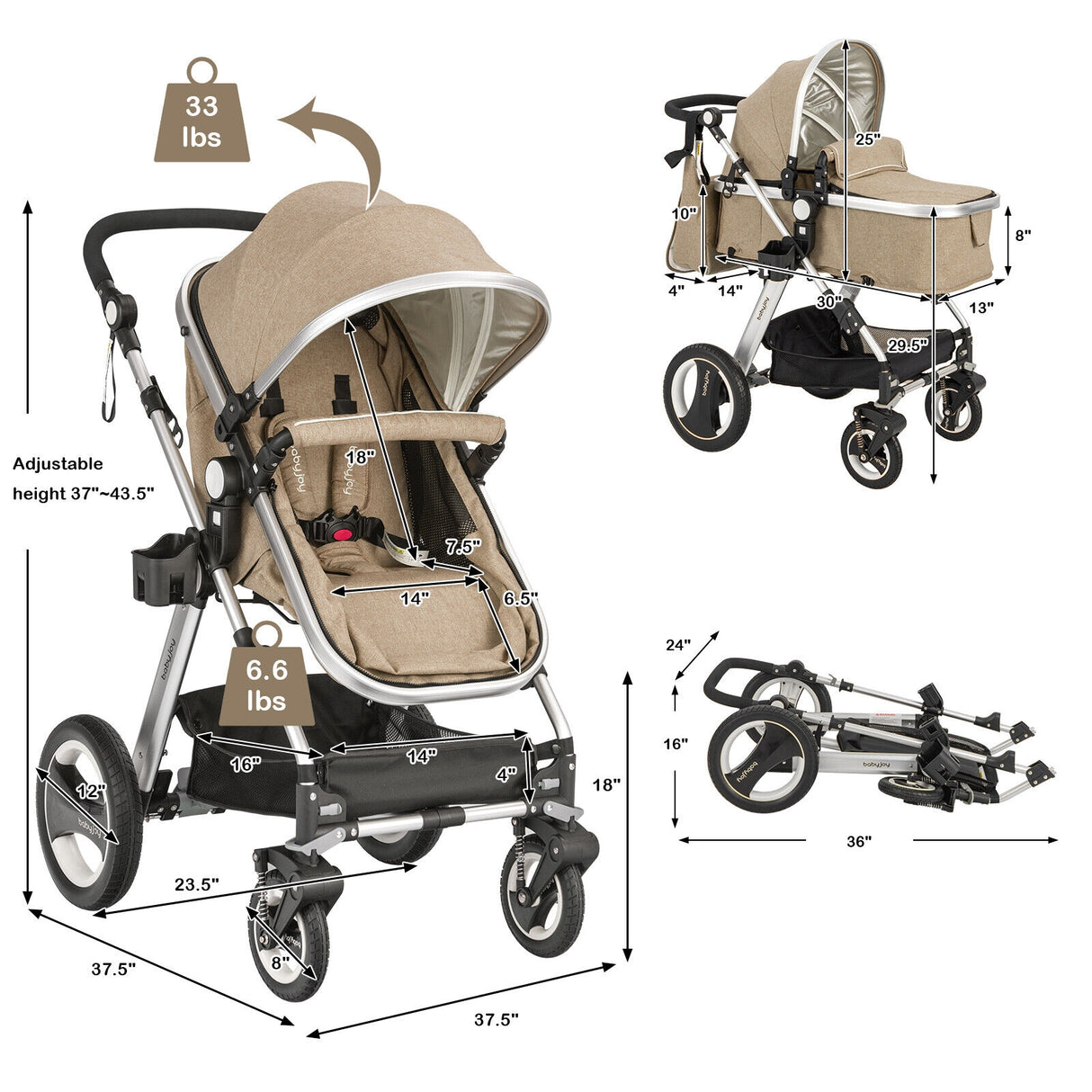 Folding Aluminum Baby Stroller Baby Jogger with Diaper Bag-Blue