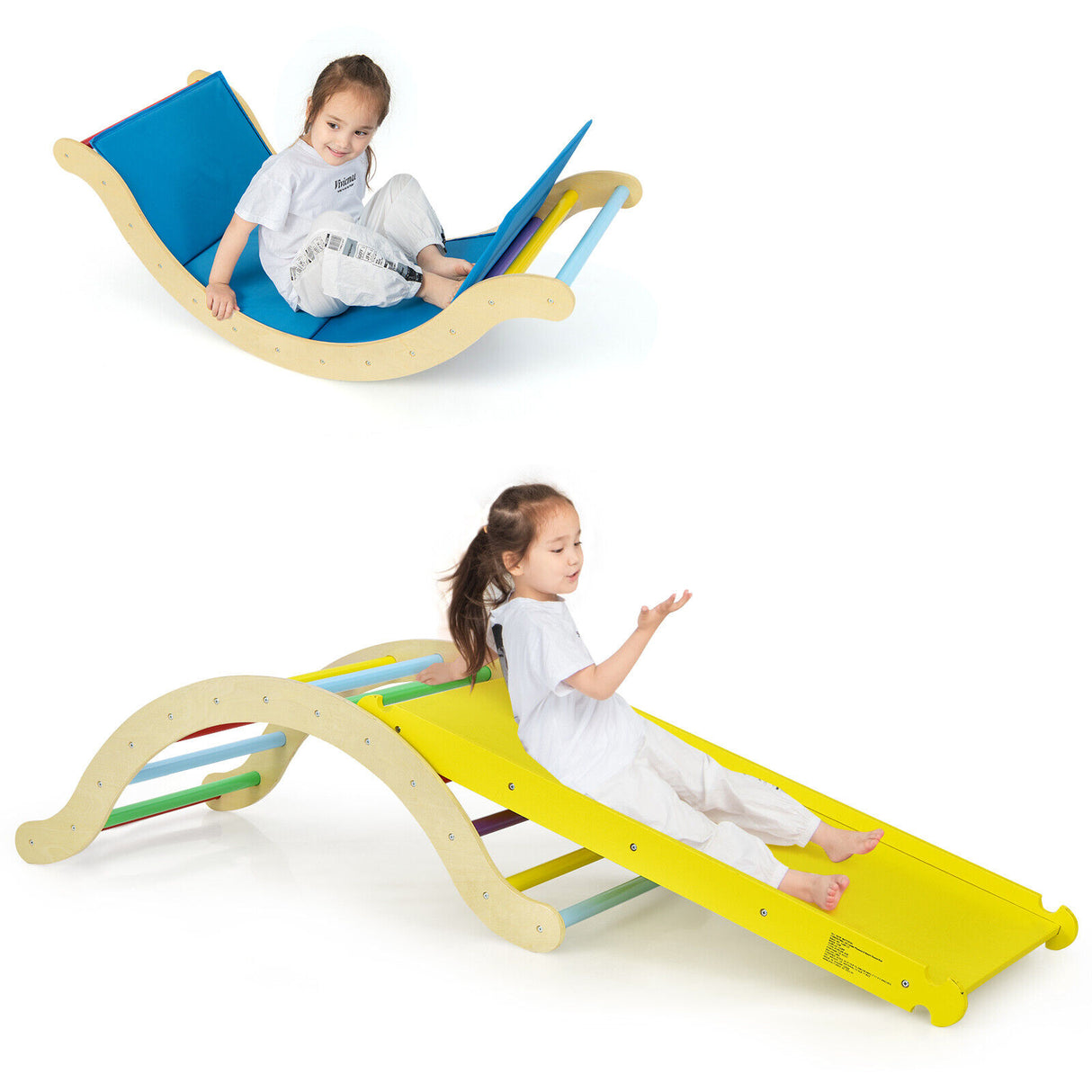 3-in-1 Kids Wooden Arch Triangle Rocker Climber Set with Ramp and Mat