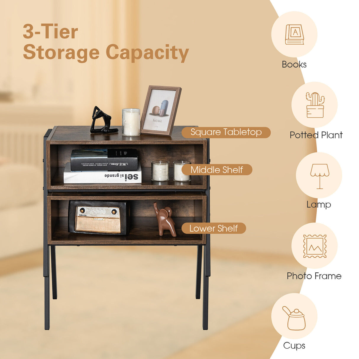 1 Piece Stackable Night Stand Shelf Accent Table with Metal Frame