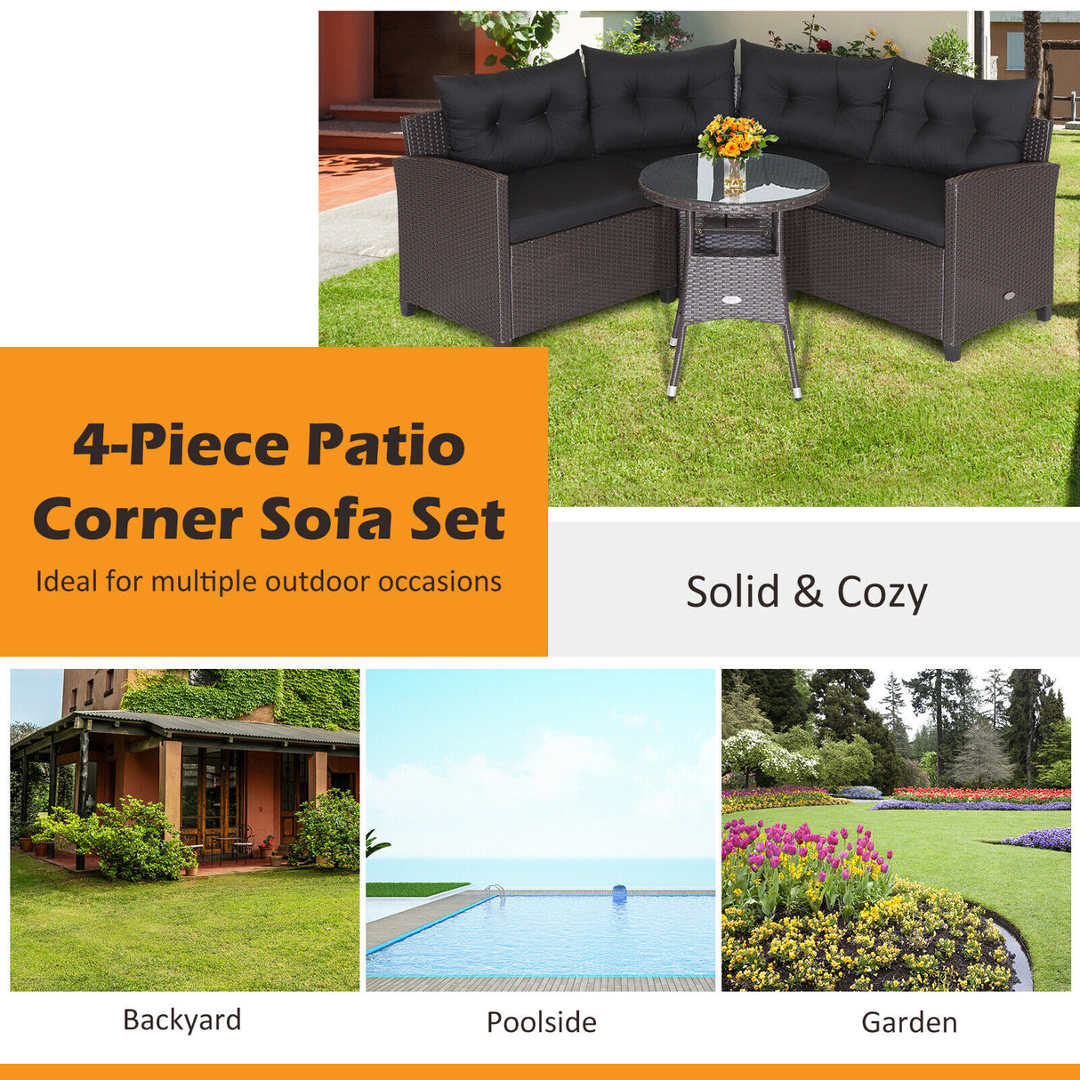 4 Pieces Patio Rattan Furniture Set Cushioned Sofa Glass Table-Navy