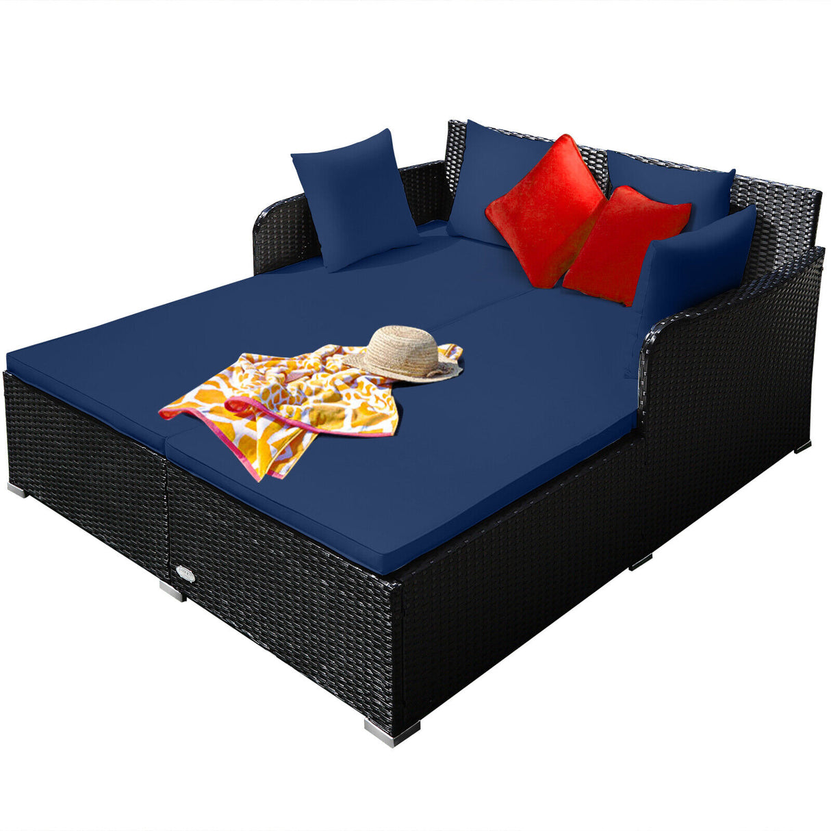 Spacious Outdoor Rattan Daybed with Upholstered Cushions and Pillows-Red