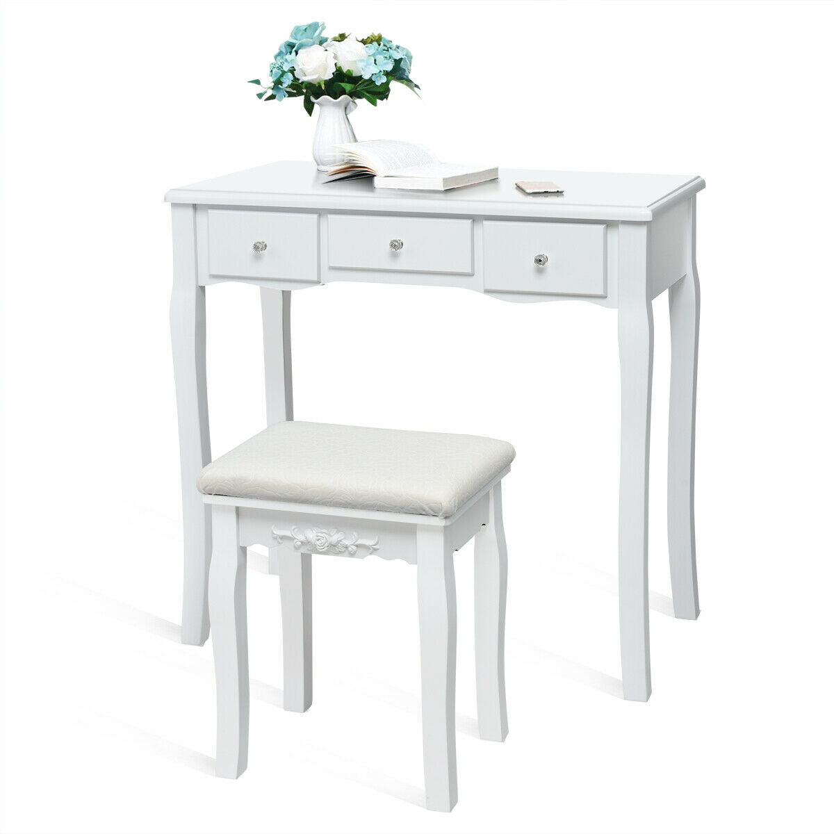 10 Dimmable Light Bulbs Vanity Dressing Table with 2 Dividers and Cushioned Stool-Black