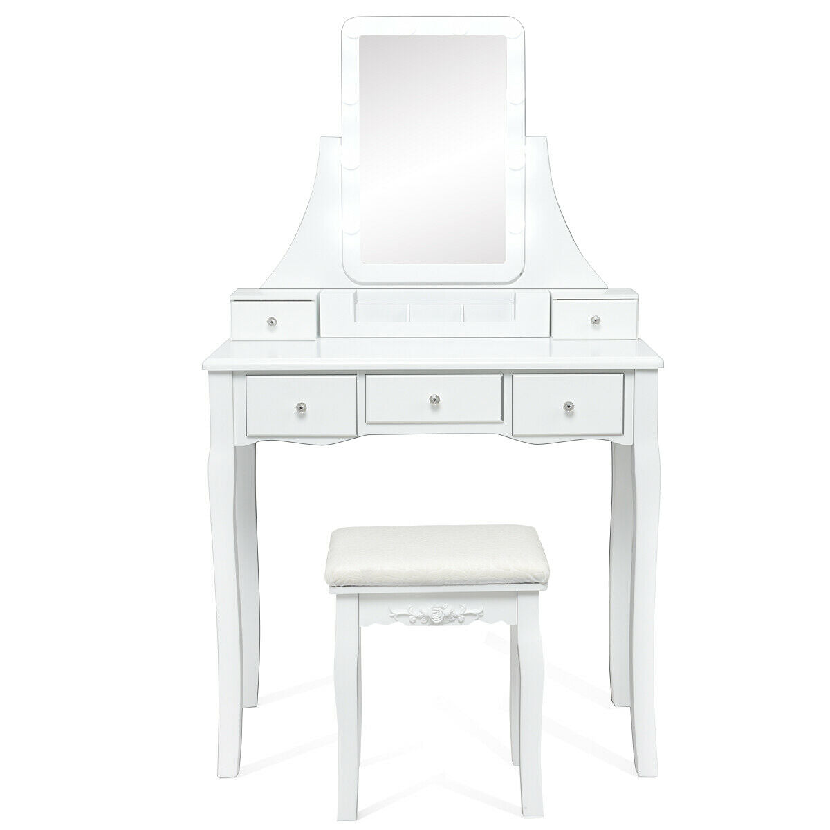 10 Dimmable Light Bulbs Vanity Dressing Table with 2 Dividers and Cushioned Stool-White by DirectDeals