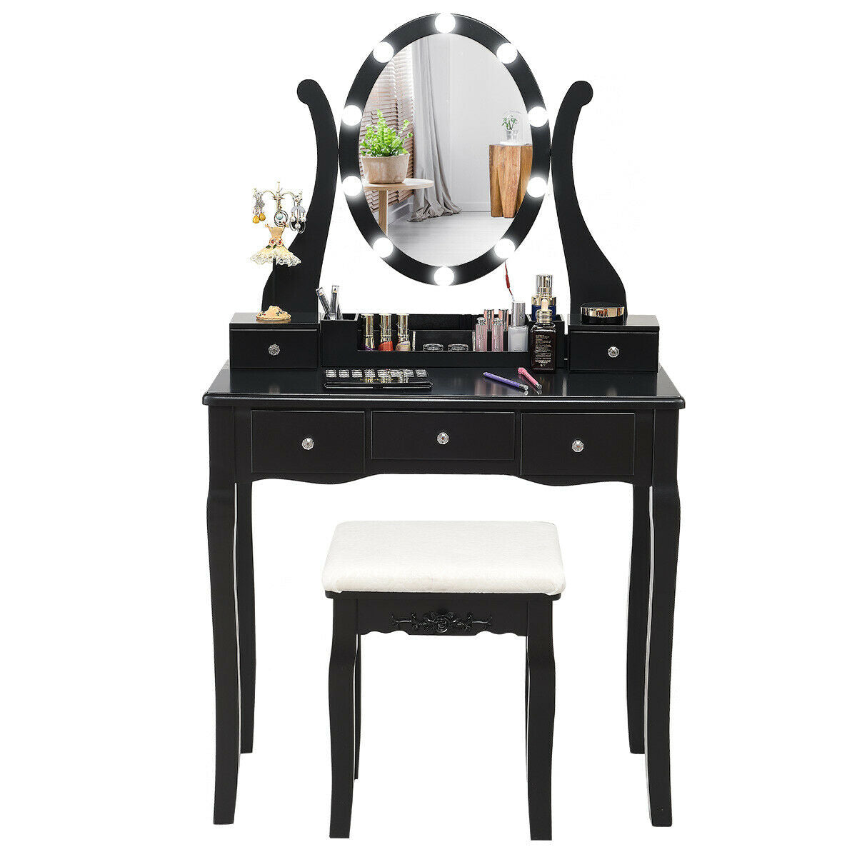 10 Dimmable Lights Vanity Table Set with Lighted Mirror and Cushioned Stool-Black by DirectDeals