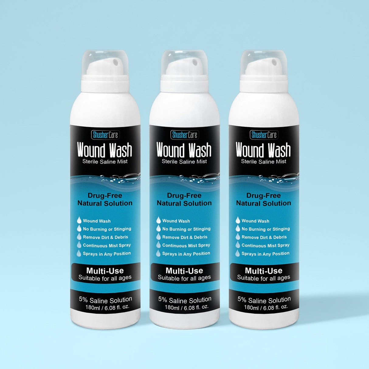 Shusher Care Wound Wash Spray – Sterile 5% Hypertonic Saline for Cuts, Scrapes & Wound Irrigation
