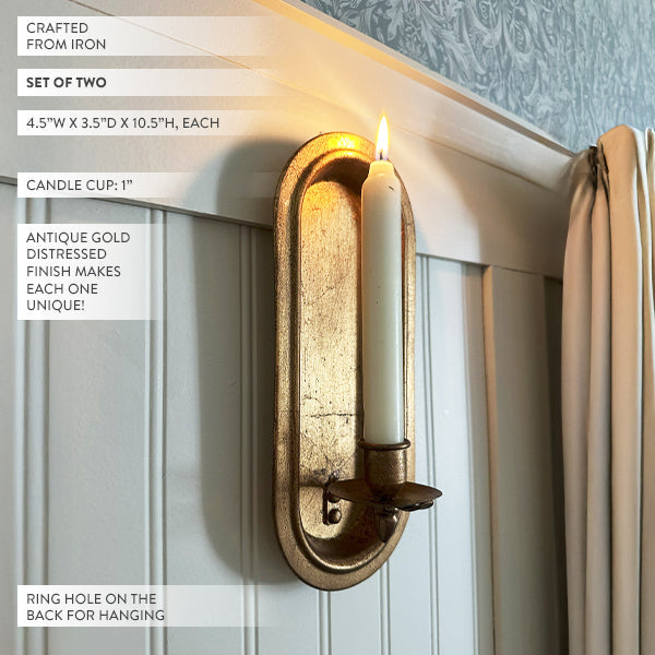 Antique Gold Taper Candle Holder Wall Sconce, Set of Two